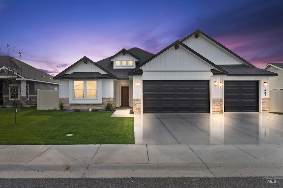 Modern farmhouse with stone siding, concrete driveway, a garage, and a shingled roof