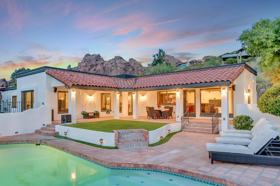 View of pool courtyard with camelback an