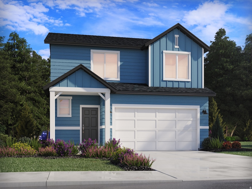View of front of house with board and batten siding, driveway, a garage, and roof with shingles