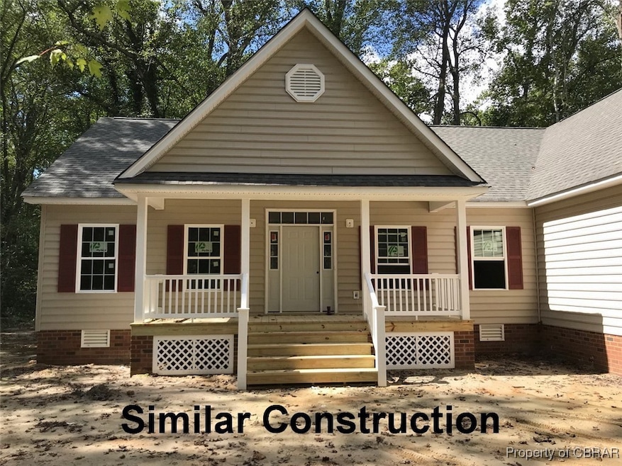 View of front facade featuring covered porch, crawl space, and roof with shingles