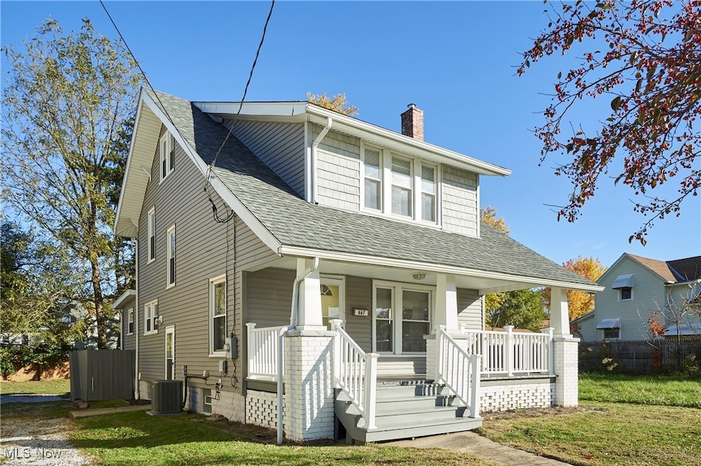 Bungalow-style home featuring covered porch, a shingled roof, and a chimney