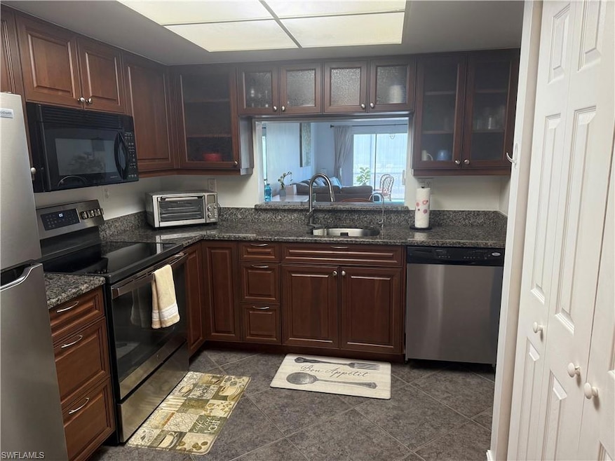 Kitchen with stainless steel appliances, a sink, dark tile patterned floors, glass insert cabinets, and dark stone countertops