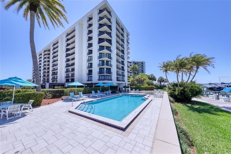 One of the few resort-style features provided to residents is this heated waterfront pool.