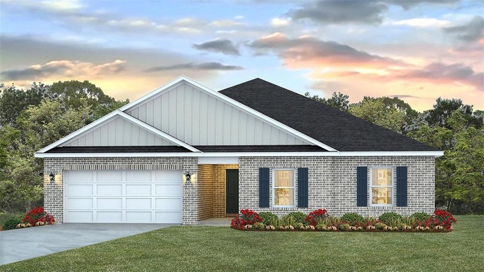 View of front of property with brick siding, a garage, driveway, board and batten siding, and a front yard