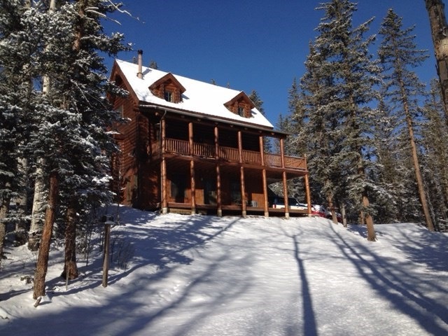 Front view of the log cabin as seen from the drive