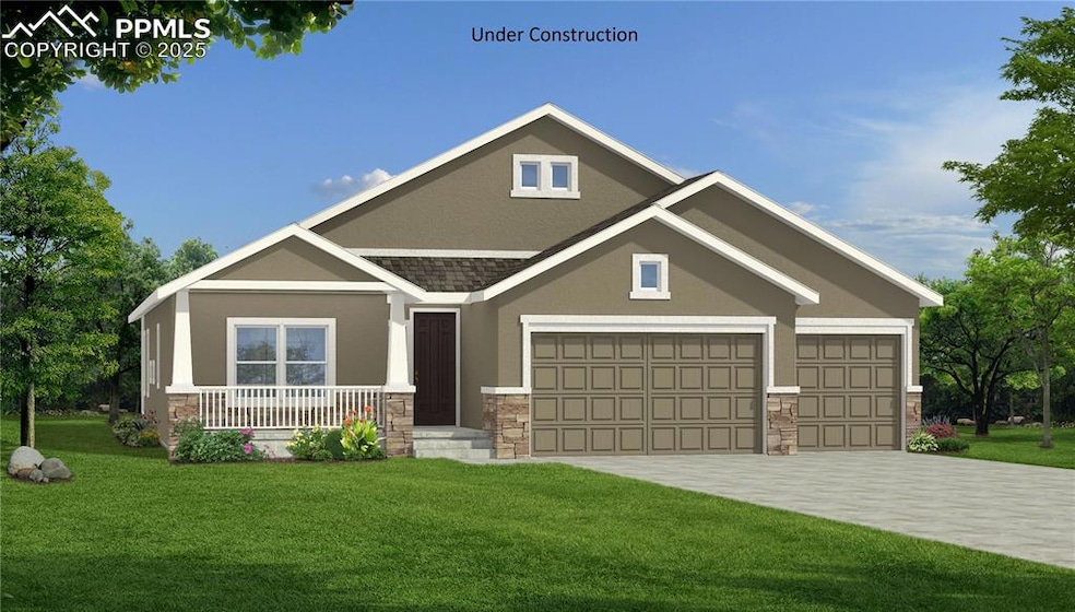 View of front of house with stucco siding, stone siding, a front yard, decorative driveway, and a shingled roof