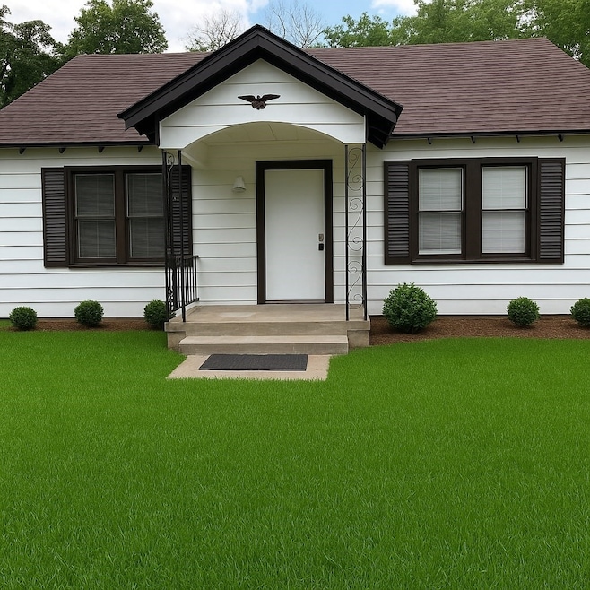 View of front of property featuring a front yard and roof with shingles