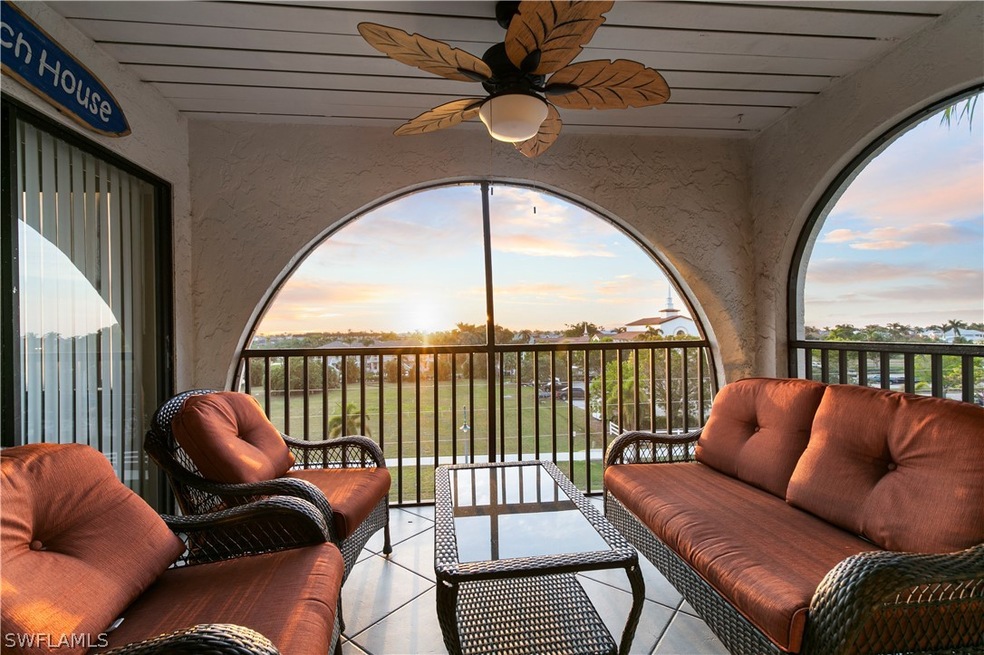 Patio terrace at dusk with an outdoor living space