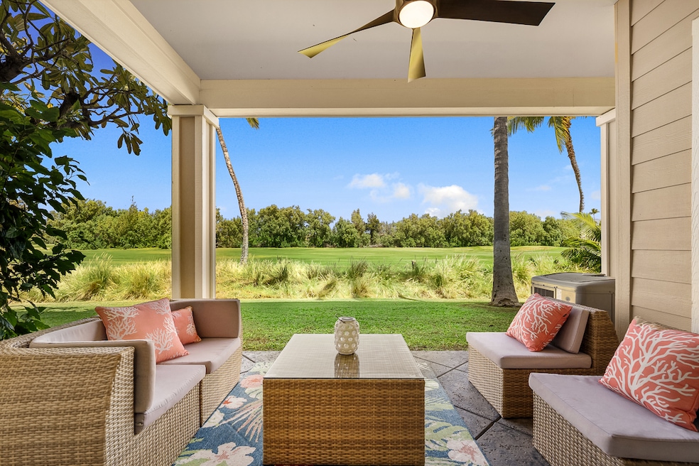 Private lanai with unobstructed golf course views at Fairway Villas Waikoloa Beach Resort—ideal for Big Island living or a high-demand vacation rental.