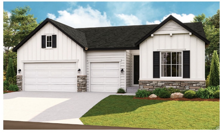 Modern inspired farmhouse featuring stone siding, board and batten siding, a front lawn, driveway, and a shingled roof