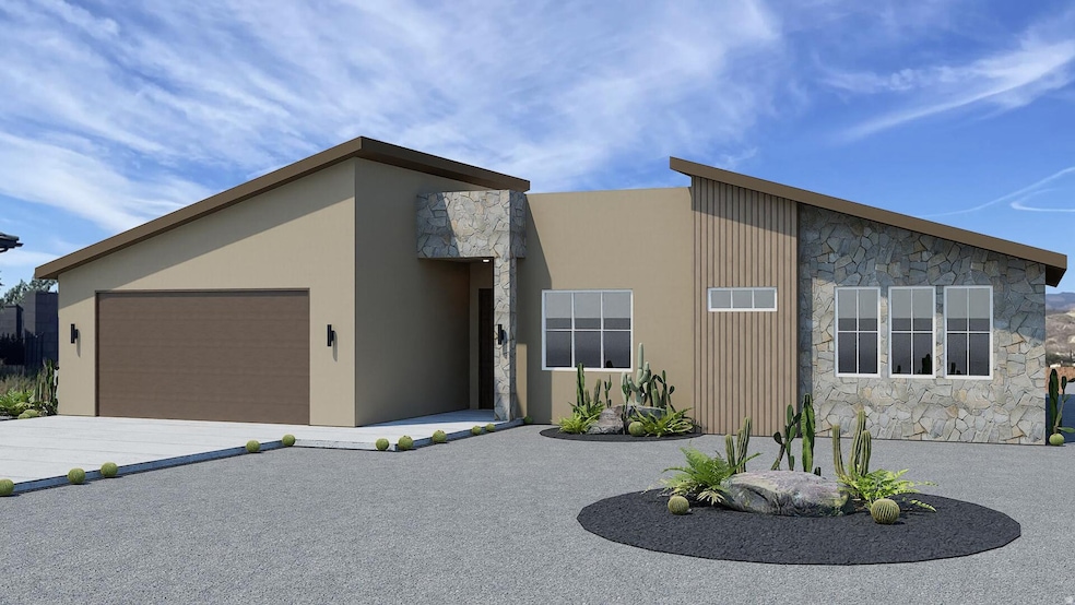 View of front of home featuring stone siding, driveway, an attached garage, and stucco siding