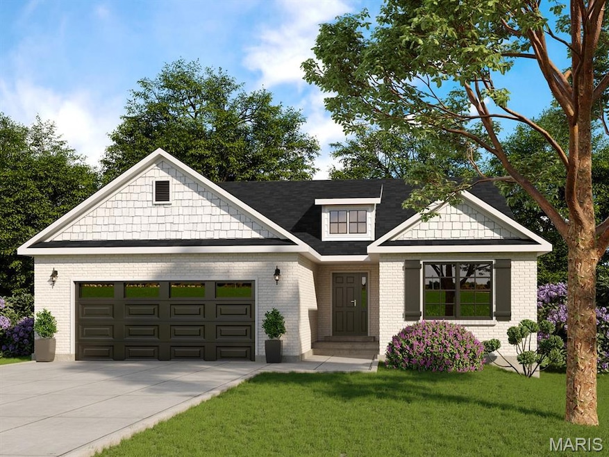 Craftsman-style house with driveway, a front yard, a garage, and brick siding