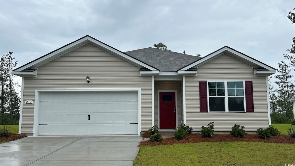 Ranch-style house featuring concrete driveway, a garage, a front lawn, and roof with shingles