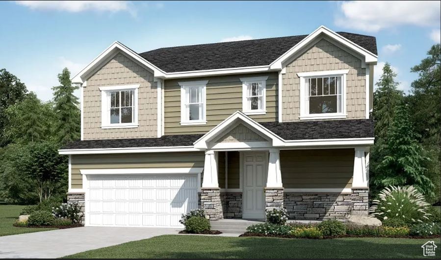 Craftsman house with stone siding, a garage, concrete driveway, and a front lawn