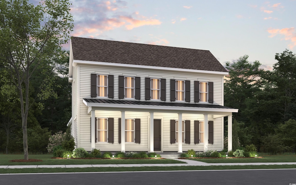 Colonial house featuring a standing seam roof, a p