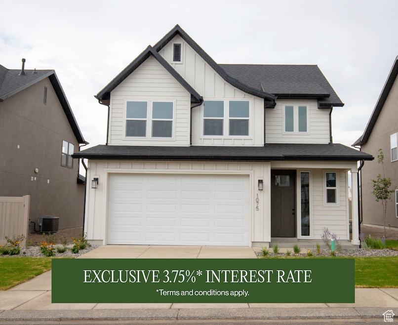 View of front facade with board and batten siding, covered porch, an attached garage, roof with shingles, and concrete driveway
