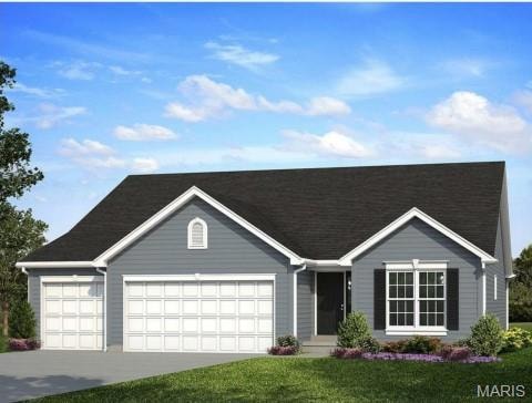 Single story home with driveway, an attached garage, and a front yard