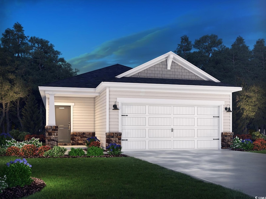 Craftsman-style home featuring stone siding, a front lawn, concrete driveway, and an attached garage