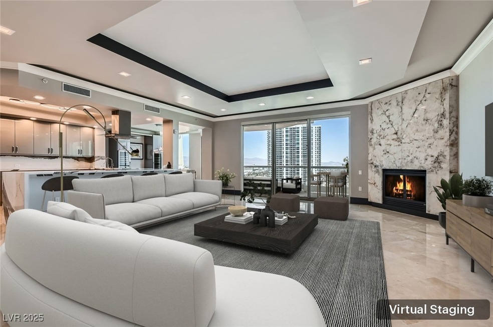 Living room with raised ceiling, light travertine