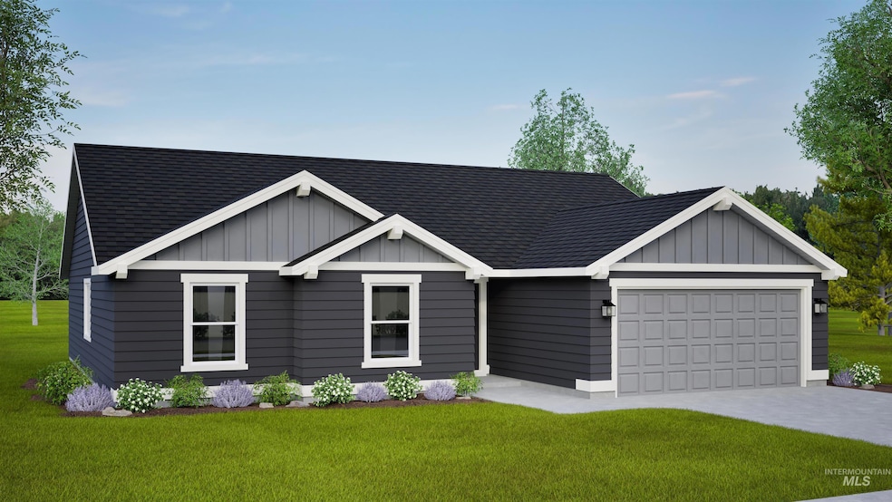 View of front of house featuring board and batten siding, a garage, and a front lawn