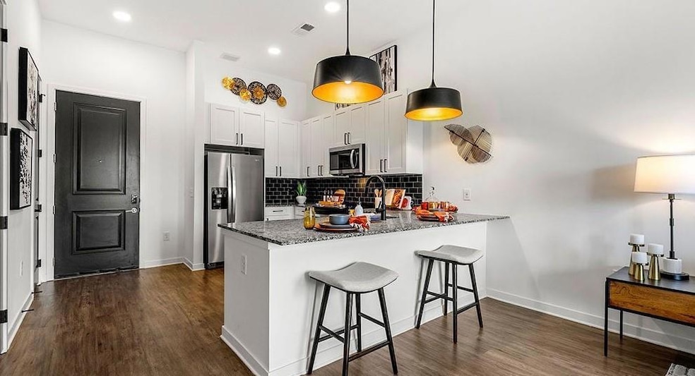 Kitchen with dark hardwood / wood-style flooring, dark stone countertops, tasteful backsplash, and stainless steel appliances