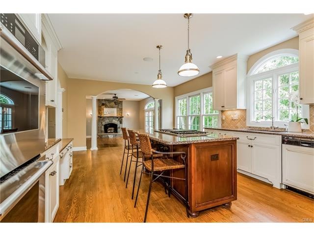 Gourmet kitchen looking into the step down family 