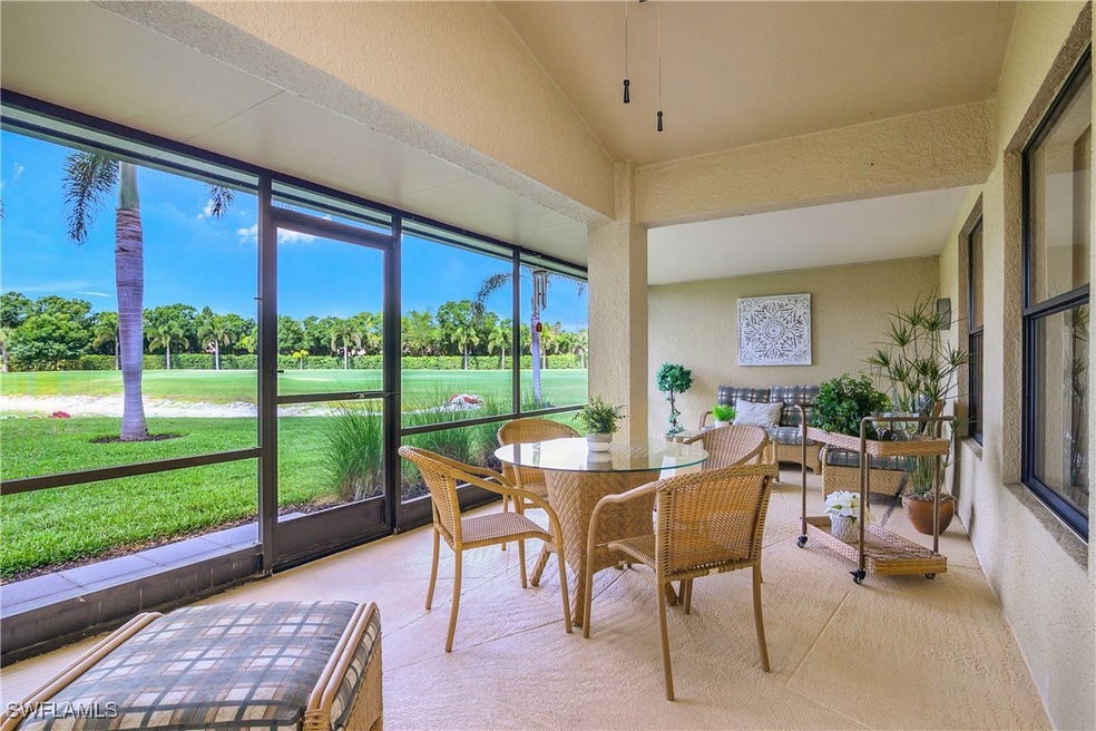 Lanai featuring view of golf course, pond and suns