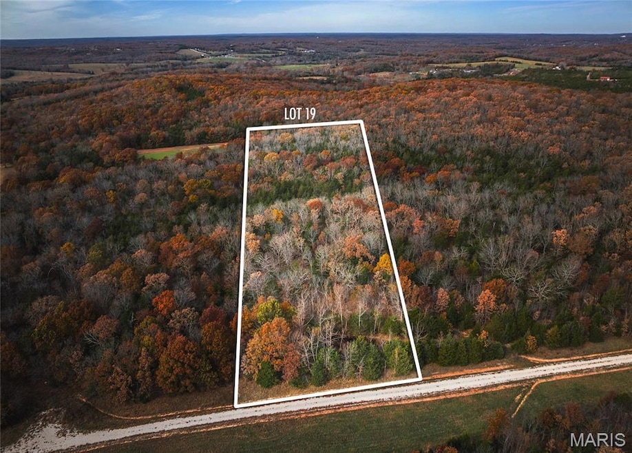 Aerial view of property's location featuring property parcel outlined and a forest