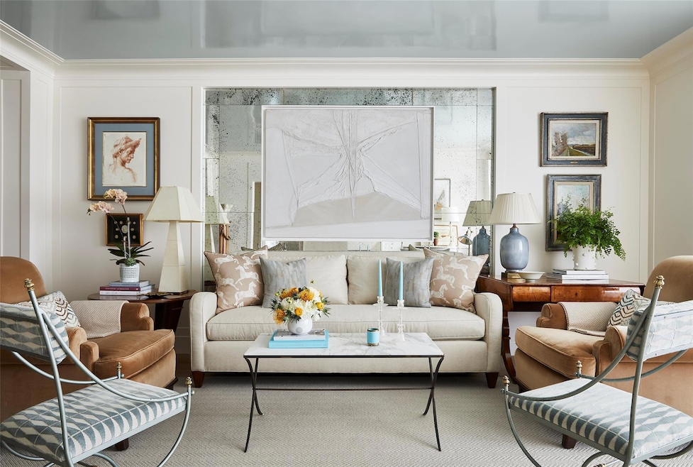 Living Room with antique finish mirrors