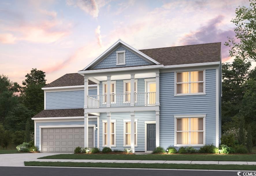 View of front of property featuring a balcony, an attached garage, concrete driveway, and a shingled roof