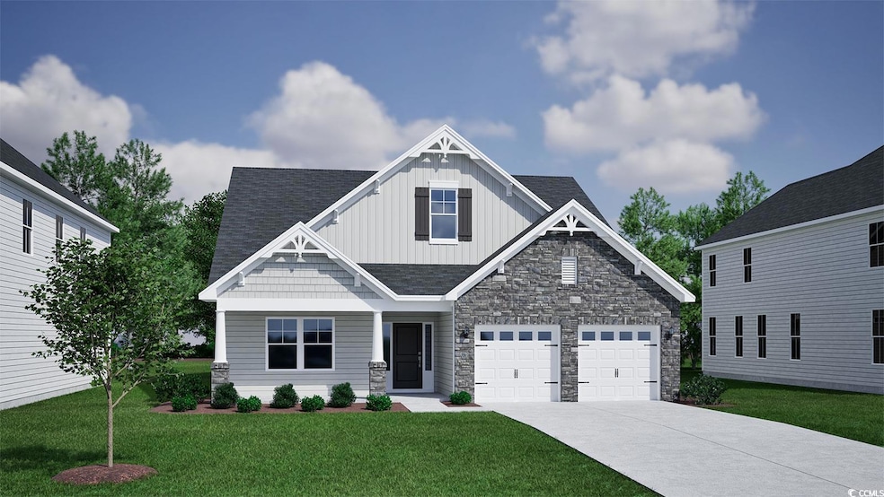 Craftsman inspired home with board and batten siding, concrete driveway, a front lawn, stone siding, and roof with shingles