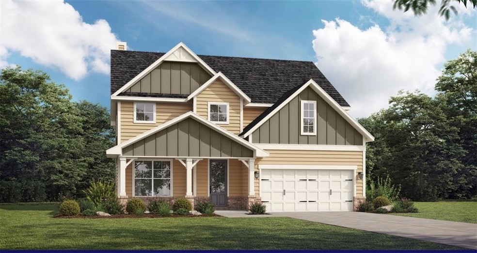 Craftsman house with board and batten siding, a front lawn, concrete driveway, and an attached garage