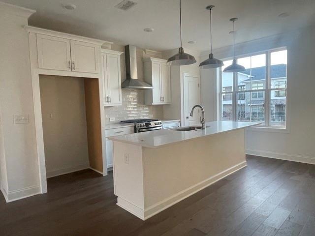 Kitchen featuring sink, a center island with sink, wall chimney exhaust hood, and dark hardwood / wood-style floors