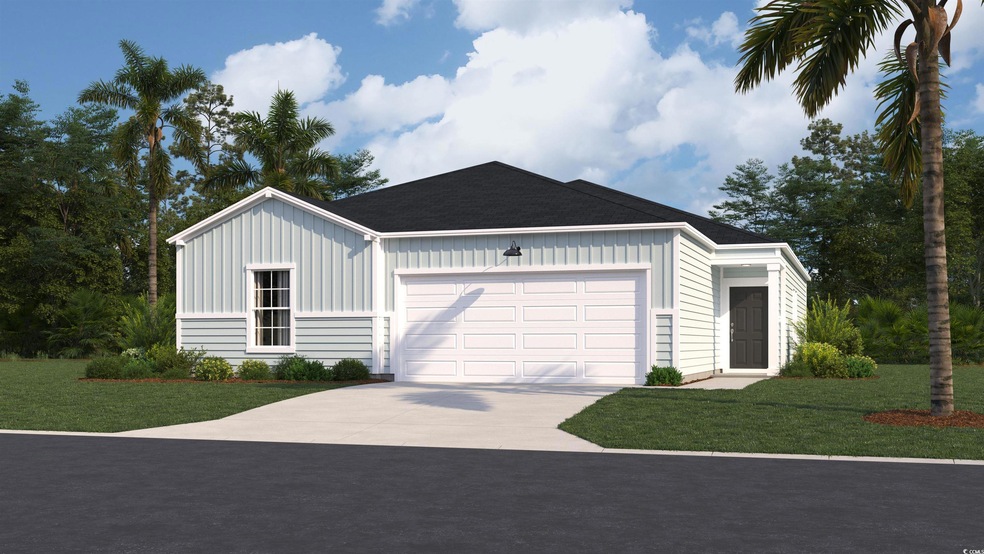 Ranch-style house featuring board and batten siding, concrete driveway, an attached garage, and a front yard