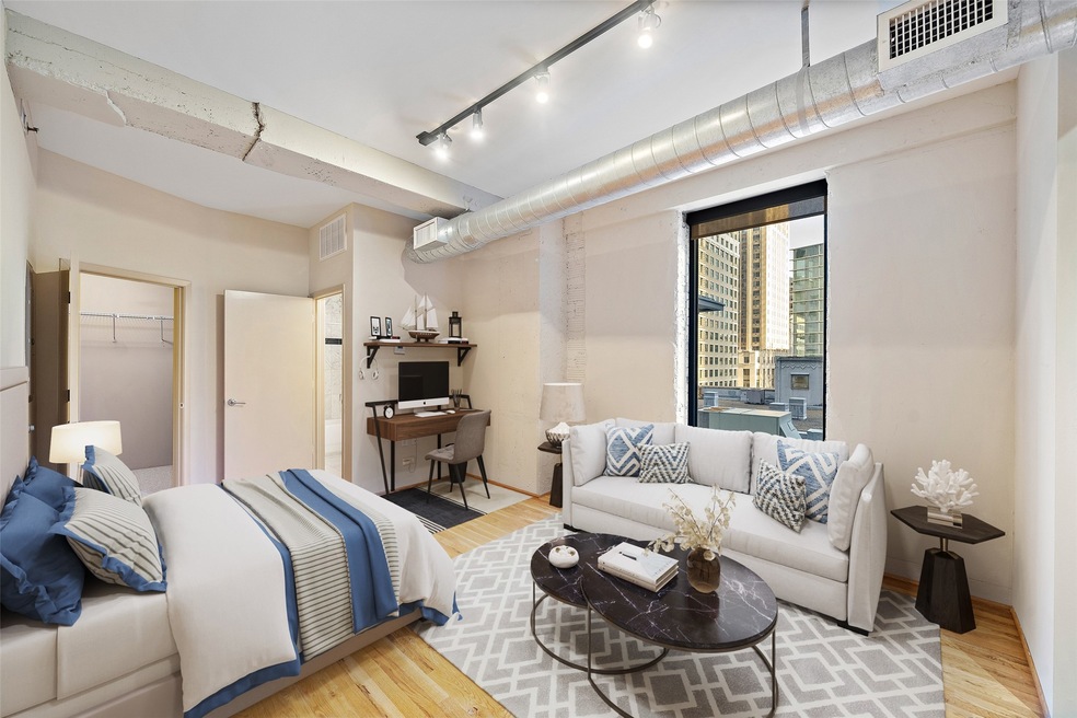 Virtually staged view of the main living space fro