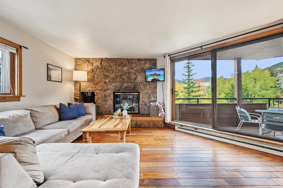 Living area with light wood-style floors, a stone fireplace, and a baseboard radiator
