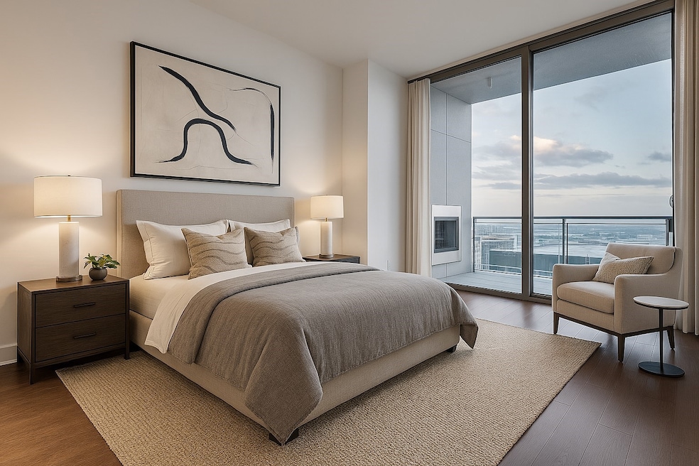 Bedroom featuring floor to ceiling windows, access to exterior, and wood finished floors
