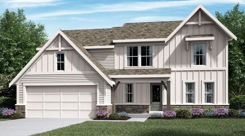 View of front facade with board and batten siding, driveway, stone siding, and a shingled roof