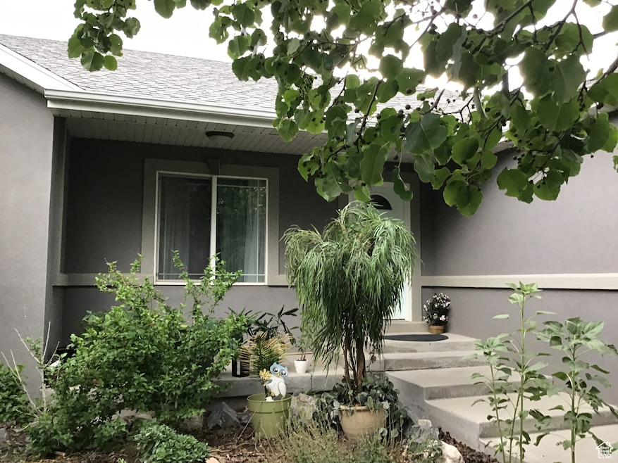 Property entrance featuring roof with shingles and stucco siding