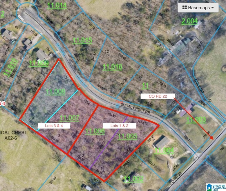 These lots are restricted for homes to be built but having two or even buying all four that are available will give you such nice options for building and having not only a view but privacy.  Just off of CO RD 22 in Ashville AL