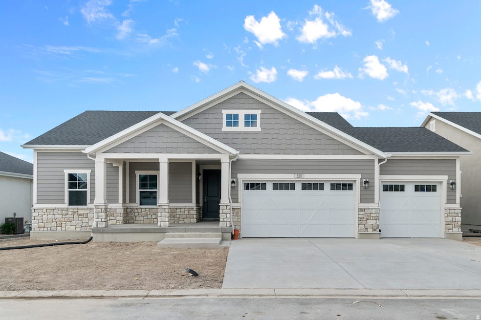 Craftsman inspired home with stone siding, a porch, concrete driveway, a garage, and a shingled roof