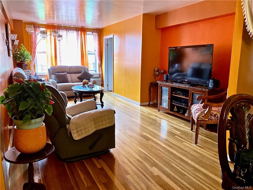 Large light filled living room with gleaming hardw