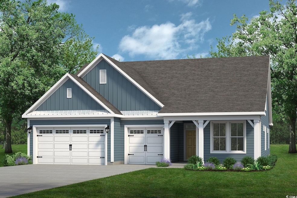 View of front of home featuring board and batten siding, an attached garage, concrete driveway, a front yard, and a shingled roof