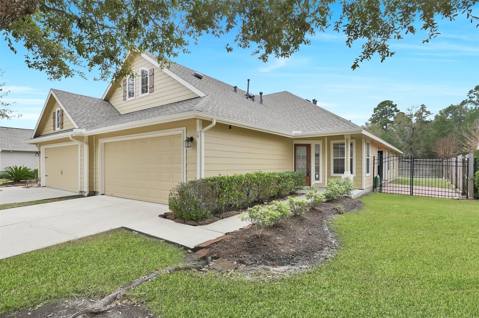 A charming single-story home with a double garage, manicured lawn, and a gated side entry. The exterior features a warm, neutral color palette with a welcoming front porch, surrounded by lush greenery and a tidy landscape.