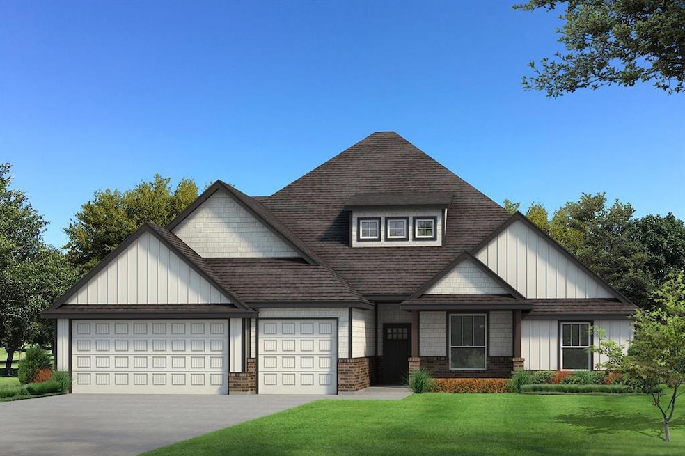 View of front of house with board and batten siding, a front yard, roof with shingles, driveway, and an attached garage