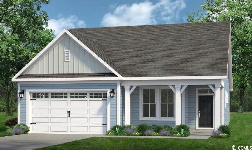 View of front facade with a shingled roof, a garage, concrete driveway, and board and batten siding