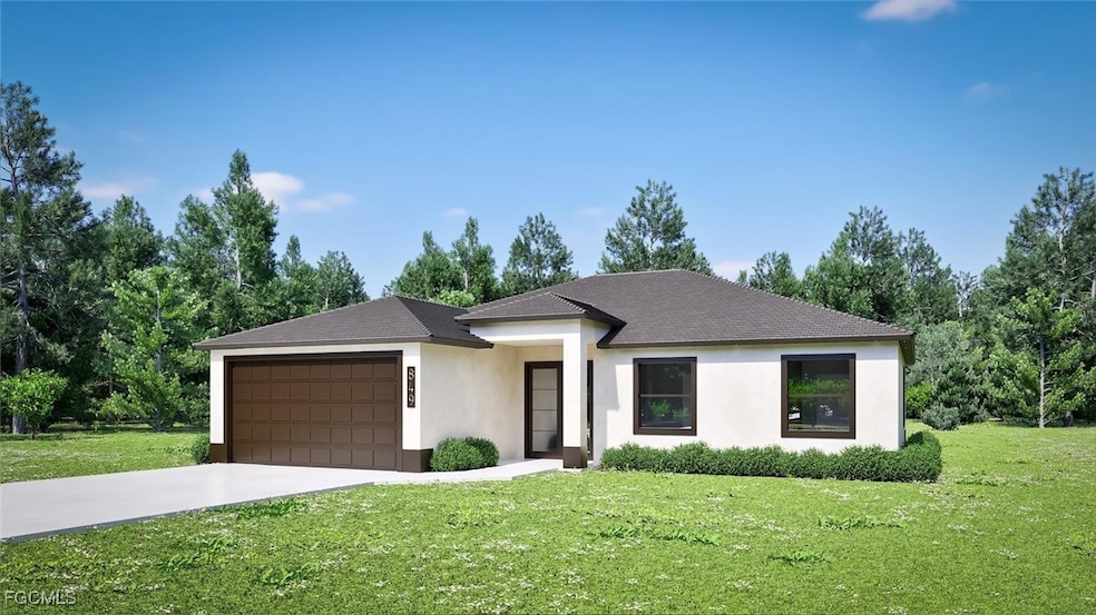 View of front of home with stucco siding, a front lawn, driveway, and a garage