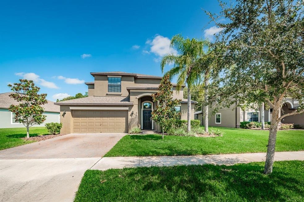 Front of home. Spacious driveway, lush green yard.