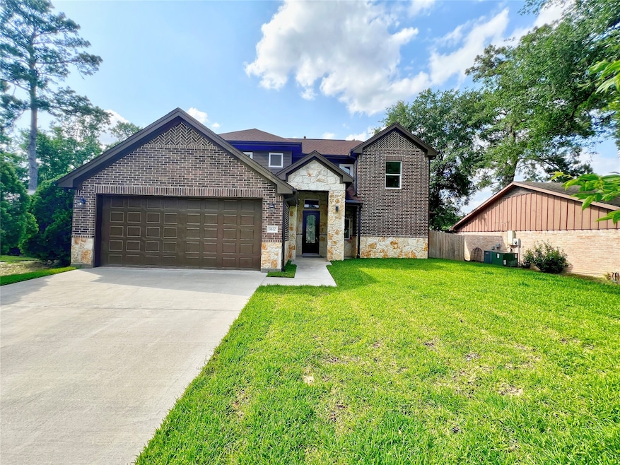 This captivating front view with a mix of brick an