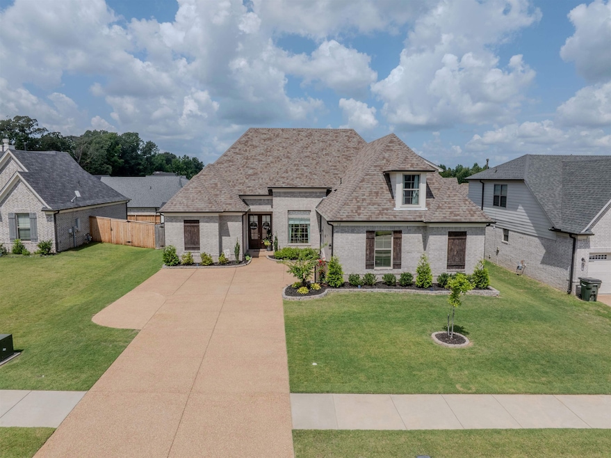 French country home featuring brick siding, a shingled roof, and driveway